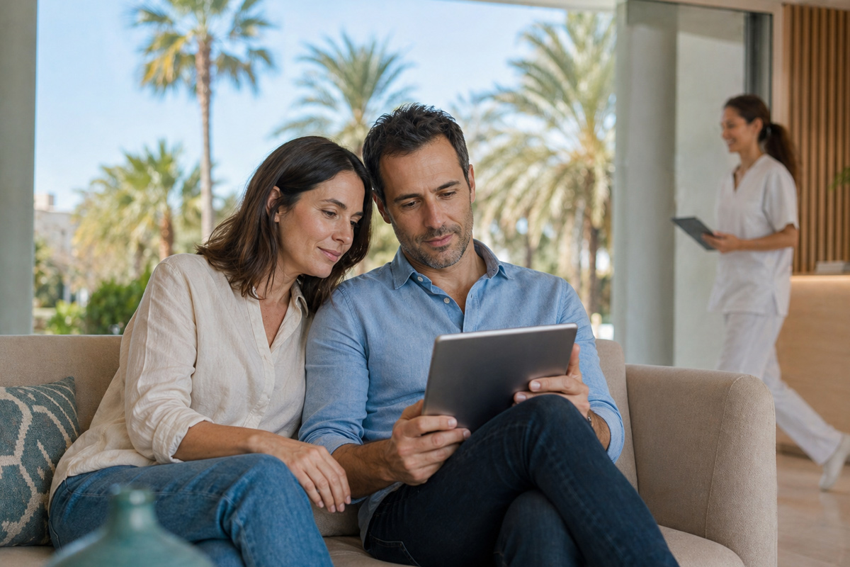 Paar Anfang 40 im hellen Wartebereich einer privaten Klinik in Spanien — kurze Facharzt-Wartezeiten dank privater Krankenversicherung
