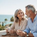 Deutsches Paar Mitte 50 auf mediterraner Terrasse mit Blick aufs Mittelmeer — Krankenversicherung in Spanien für Auswanderer planen