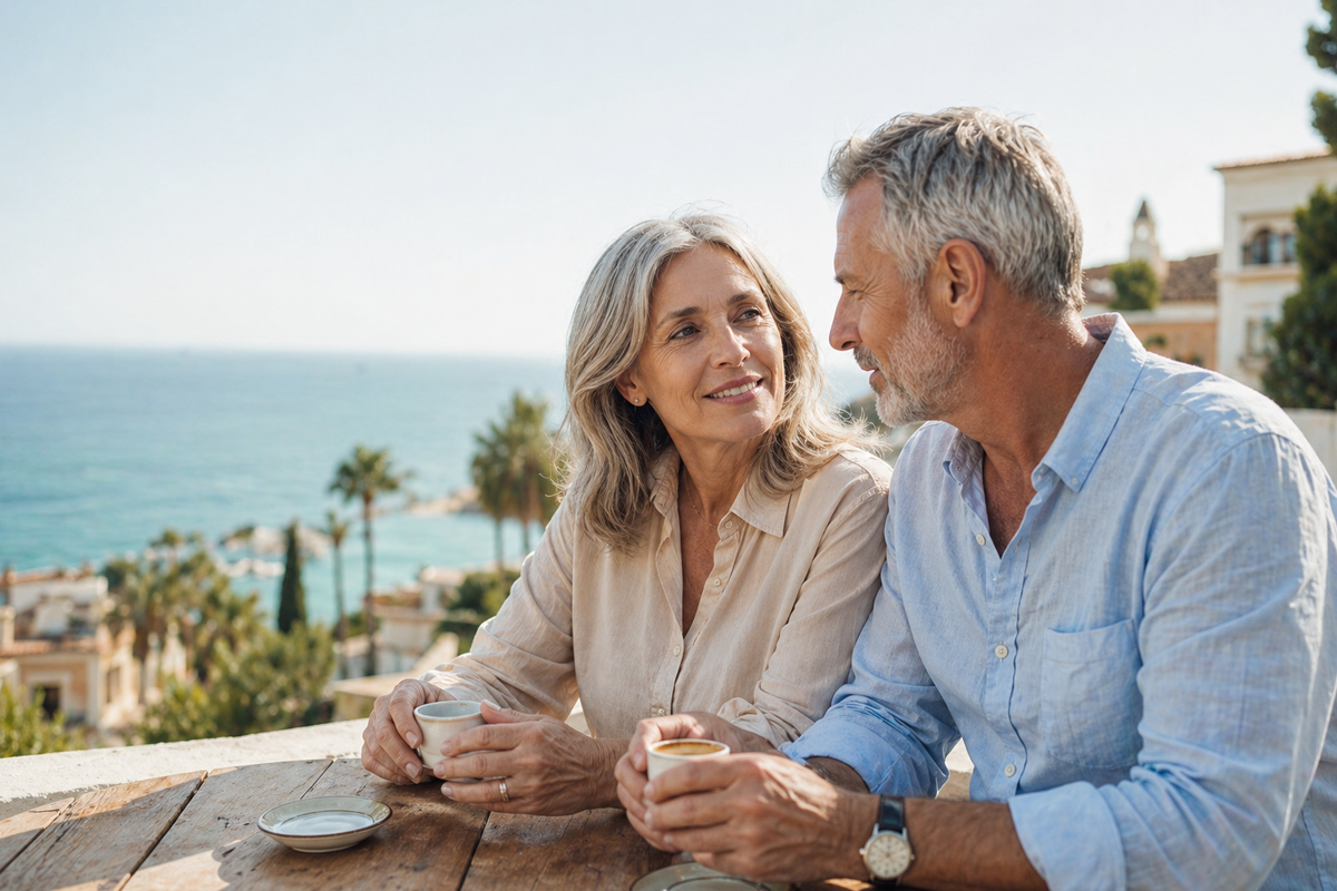 Deutsches Paar Mitte 50 auf mediterraner Terrasse mit Blick aufs Mittelmeer — Krankenversicherung in Spanien für Auswanderer planen